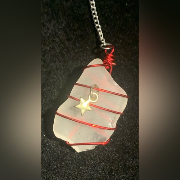 Seaglass Key Chain White Wrapped in Red Wire with Gold Star Cape Breton Island - Picture 3 of 5